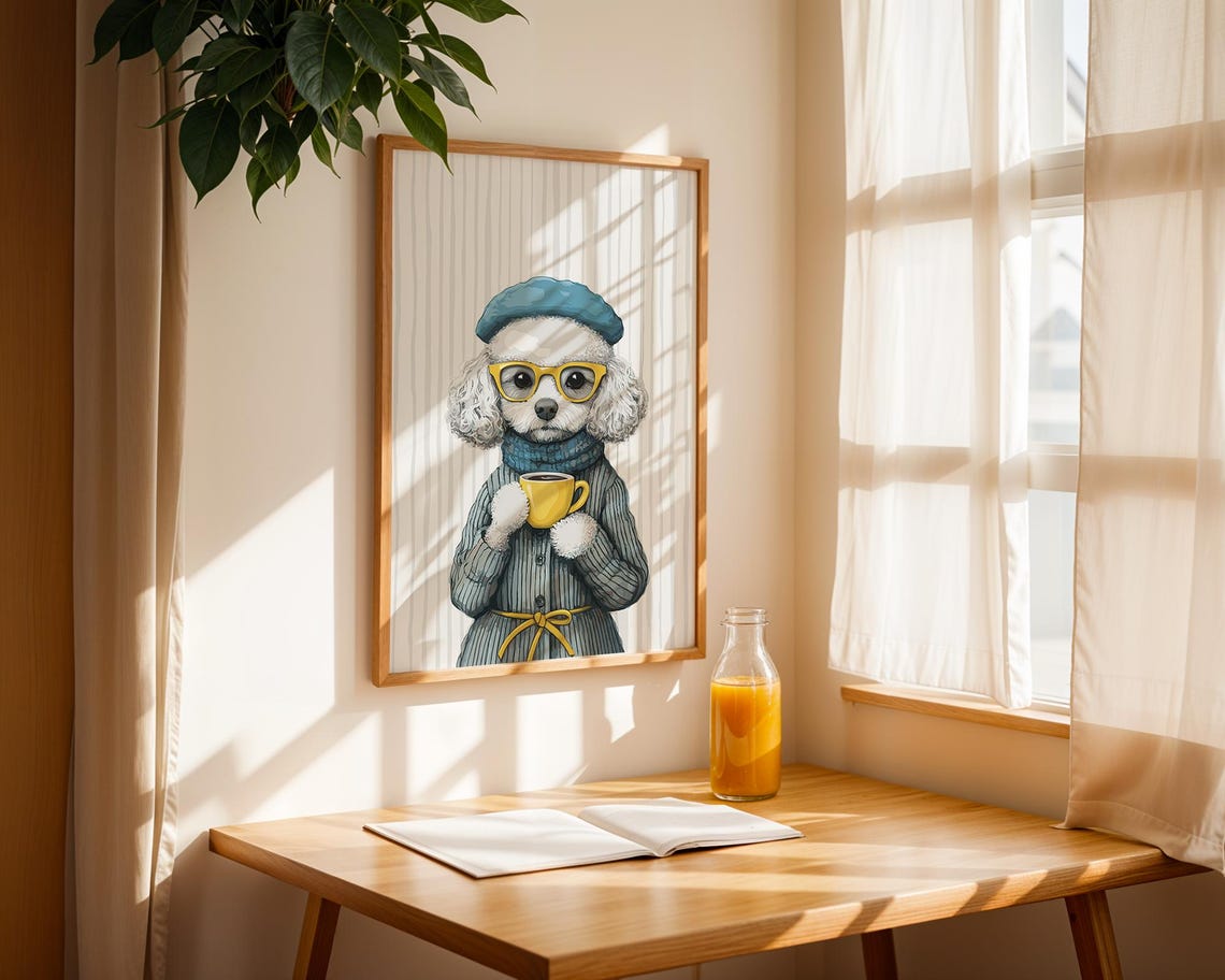 White Poodle in Teal Beret and Glasses Sipping Coffee Poster - Image 2