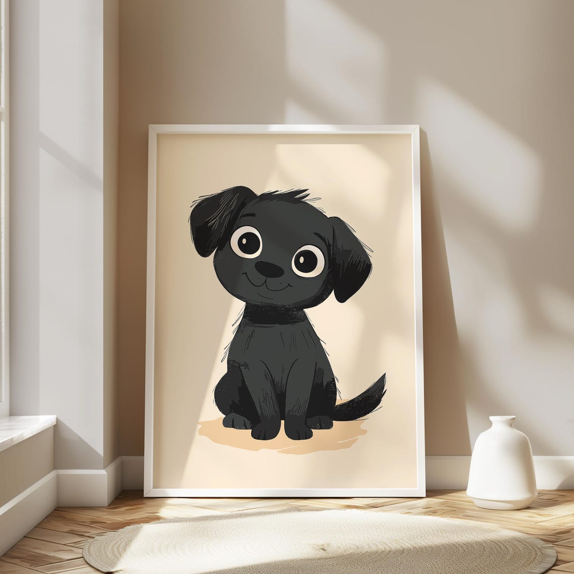 Cute Black Puppy Cartoon With Big Eyes Nursery Kids Wall Art - Image 2