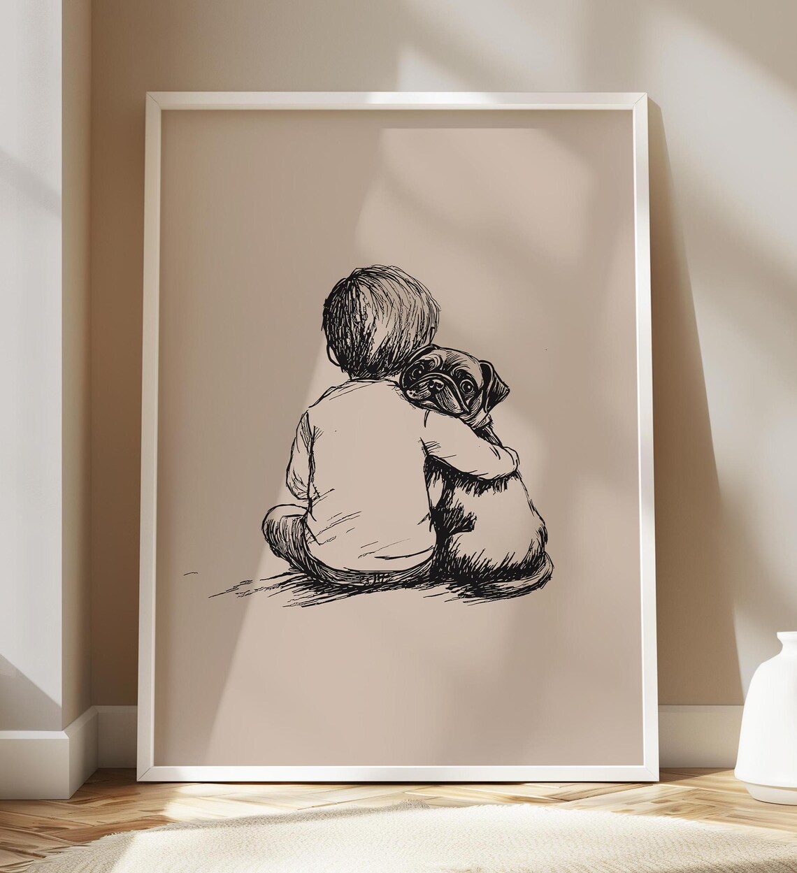Little Boy Hugging Pug Dog Sweet Companion Ink Sketch Art Poster