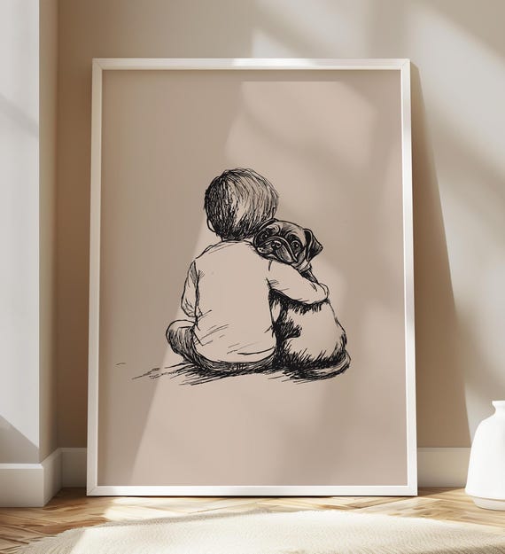 Boy And A Pug Poster Dog Vintage Print Antique Art Farmhouse Wall Decor Country Nursery Drawing Puppy Sketch