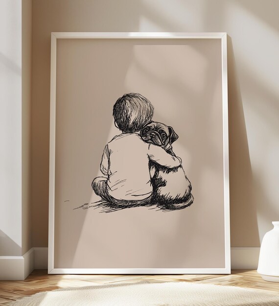 Little Boy Hugging Pug Dog Sweet Companion Ink Sketch Art Poster