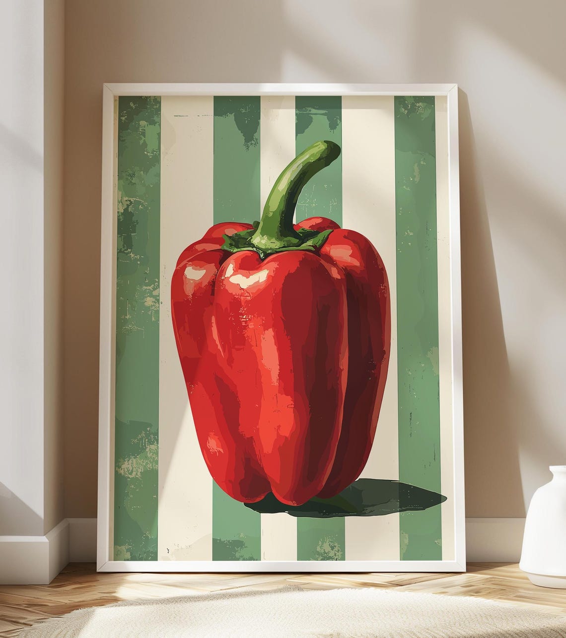Red Bell Pepper Pop Art Green Striped Vintage Kitchen Poster