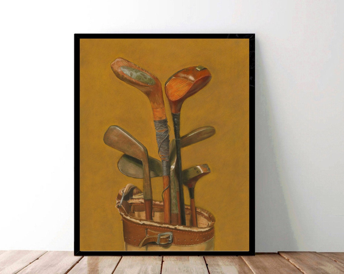 Vintage Wooden Golf Clubs Leather Bag Nostalgic Still Life Poster