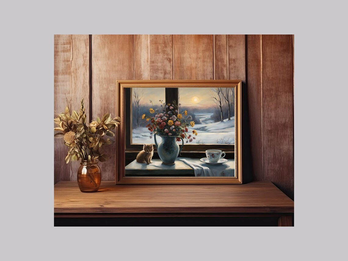 Kitten and Wildflowers on Windowsill Snowy Sunset Vintage Art Print - Image 2