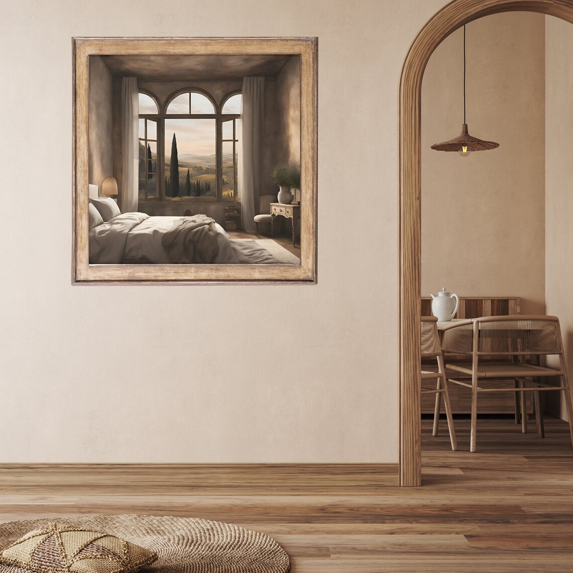 Serene Bedroom with Arched Windows Over Cypress Hills Wall Art - Image 3