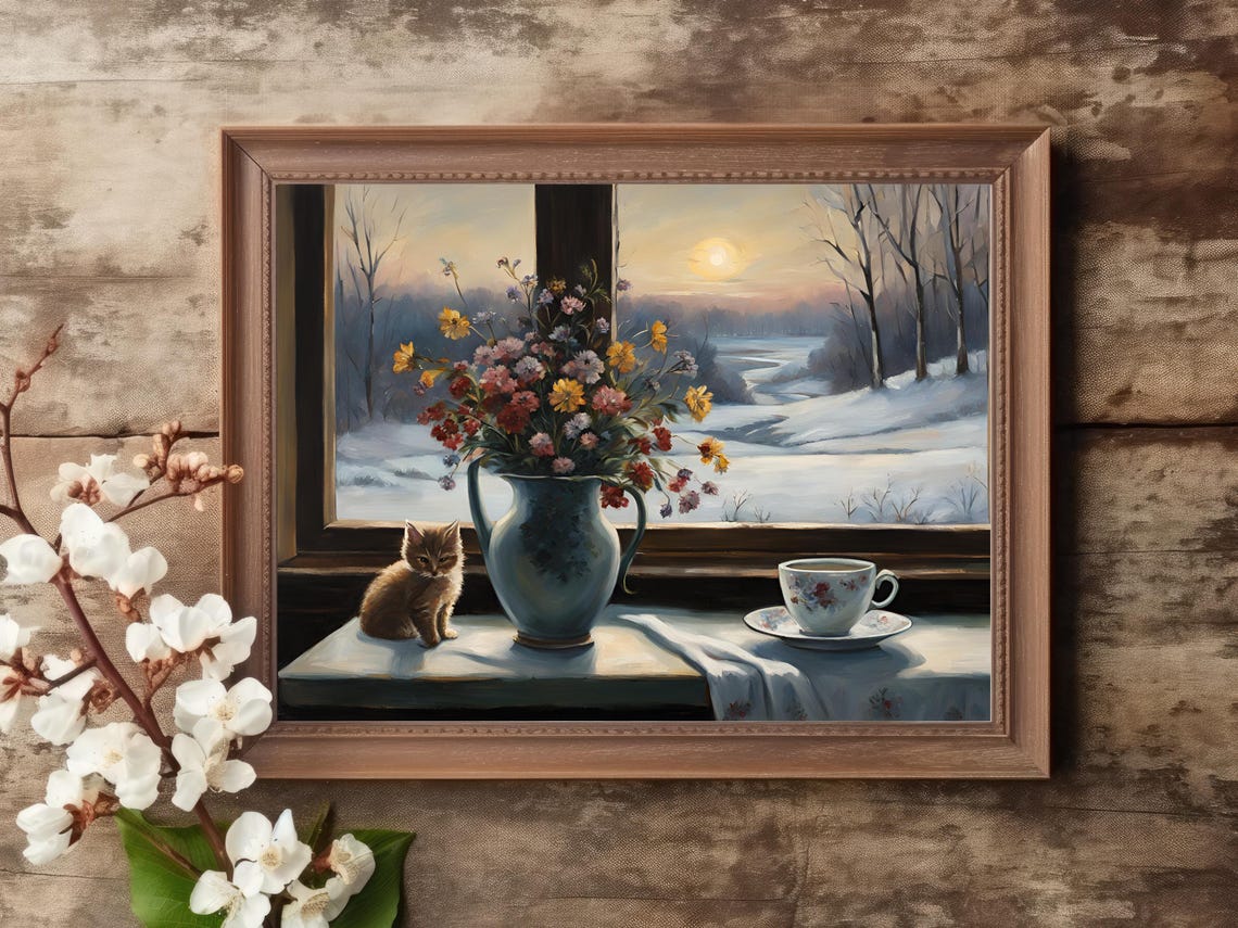 Kitten and Wildflowers on Windowsill Snowy Sunset Vintage Art Print - Image 3