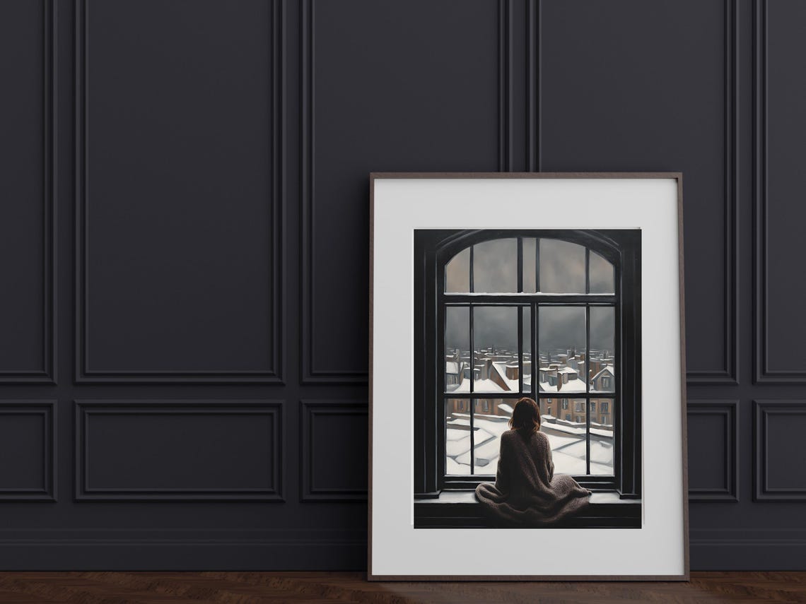 Woman Watching Snowy Rooftops from Window Cozy Winter Painting Print - Image 5