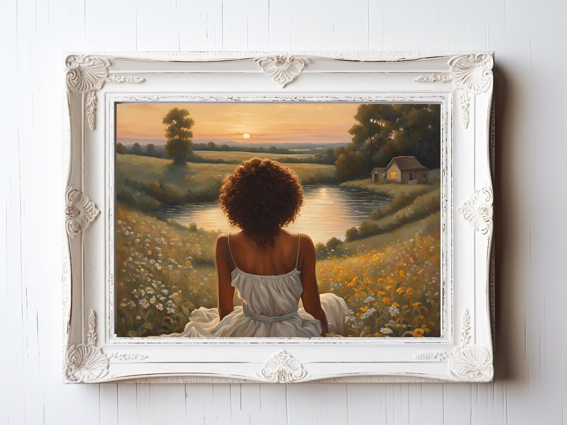 Woman White Dress Sunset Lake Cabin Wildflower Field Painting Poster