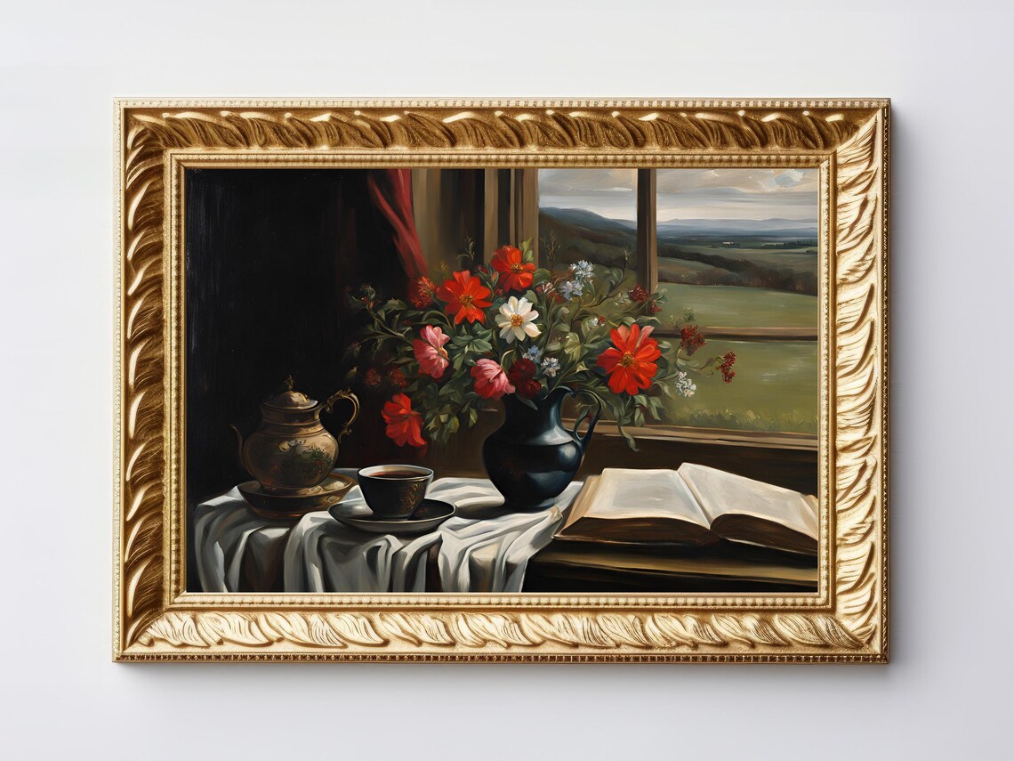 Still Life with Red Flowers Teapot and Open Book Vintage Interior Poster - Image 6