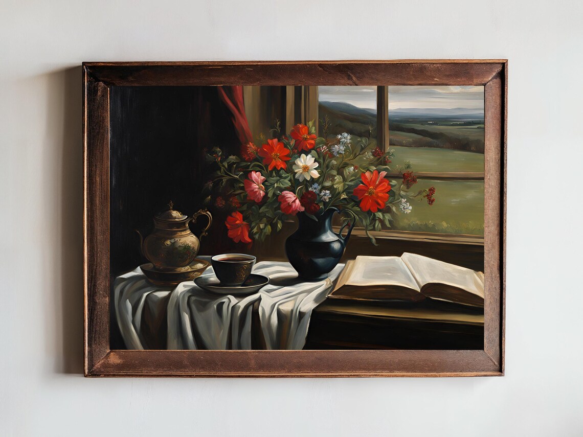 Still Life with Red Flowers Teapot and Open Book Vintage Interior Poster - Image 4