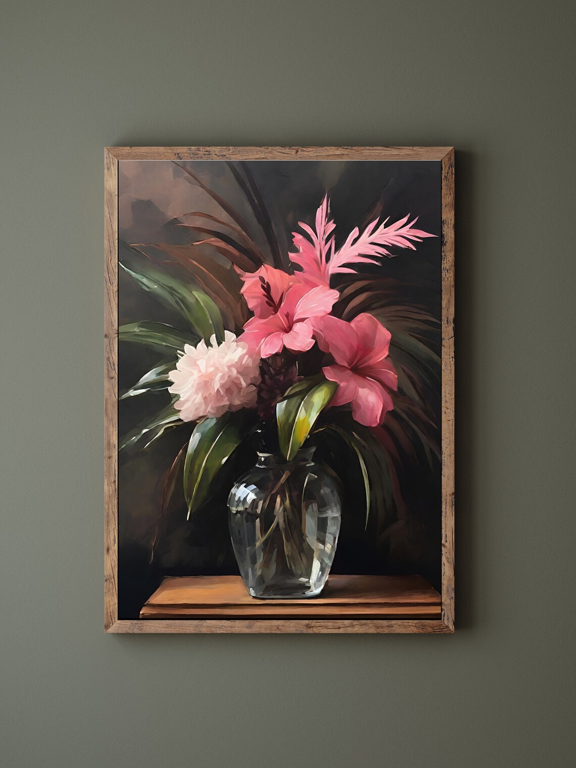 Pink Hibiscus Tropical Bouquet Glass Vase Dark Moody Painting Poster - Image 4