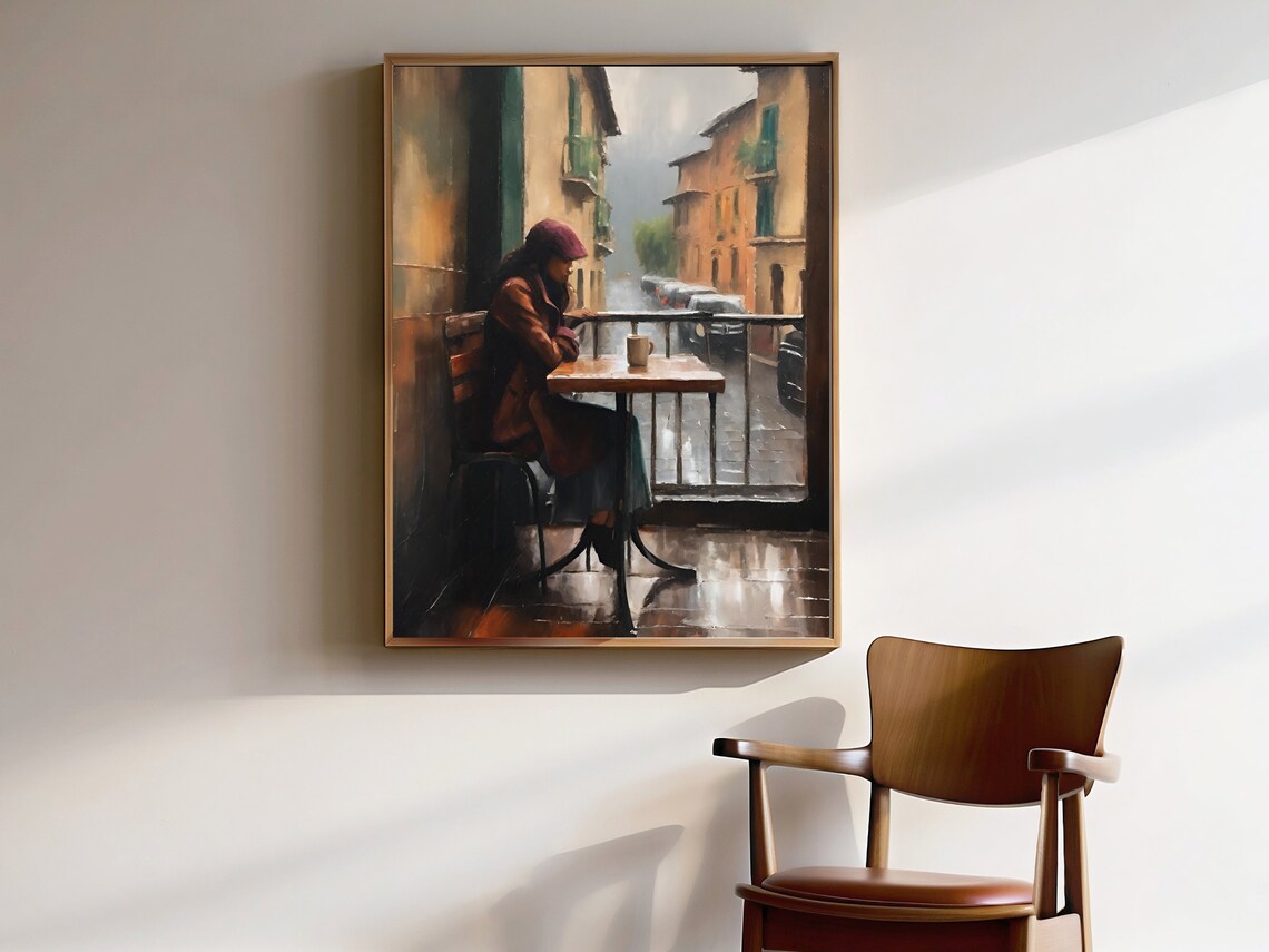 Woman with Coffee on Rainy Cafe Balcony Vintage City Street Wall Art - Image 4