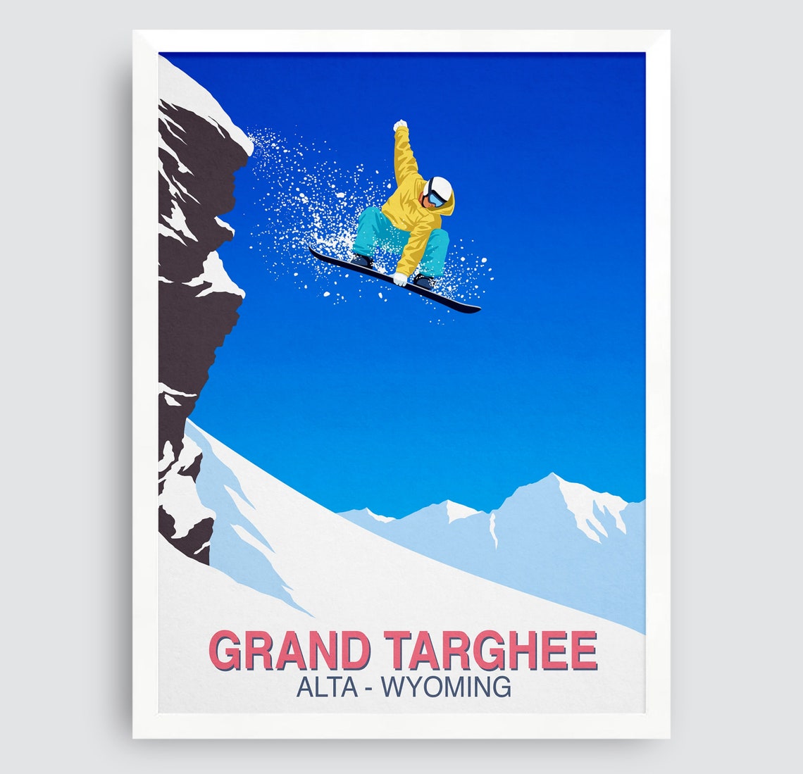 Grand Targhee Alta Wyoming Snowboarder Cliff Jump Ski Art Poster - Image 3