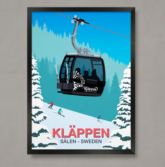 Klappen Ski Resort Poster with Gondola and Skiers Salen Sweden Peaks