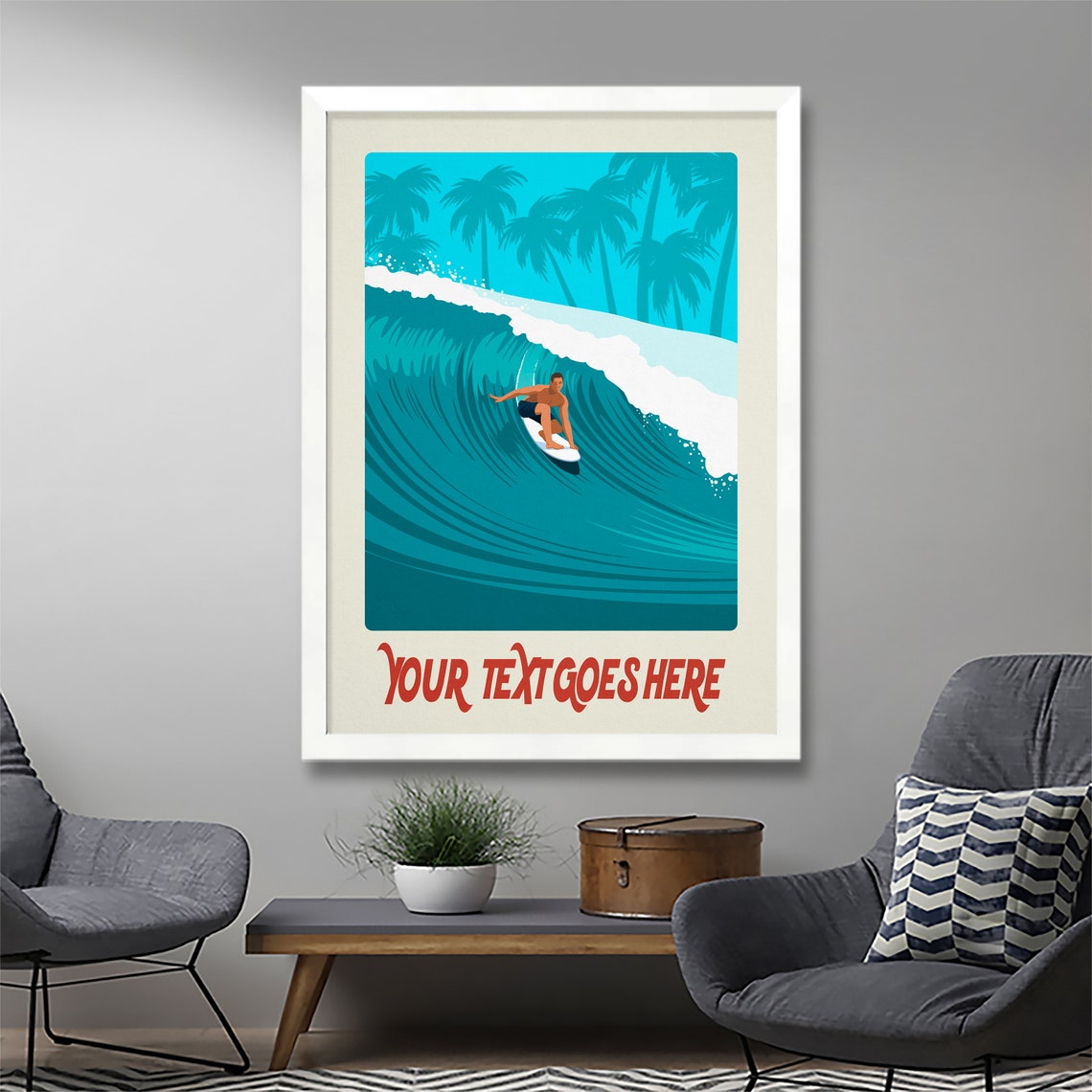 Personalised Palm Tree Surf Poster Custom Text Curling Wave Surfer Art - Image 3