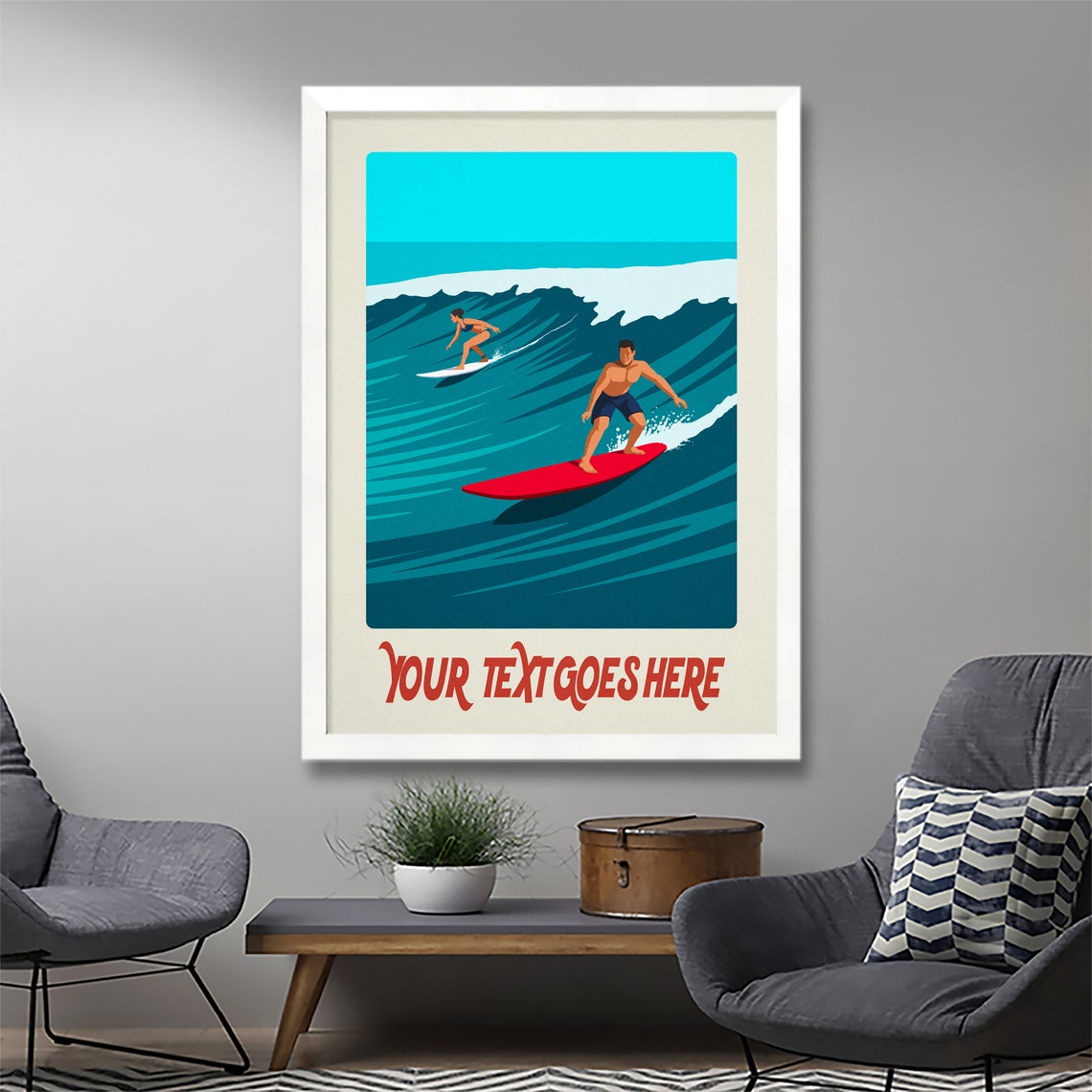 Personalised Duo Surf Poster Custom Text Two Surfers Riding a Big Wave - Image 3
