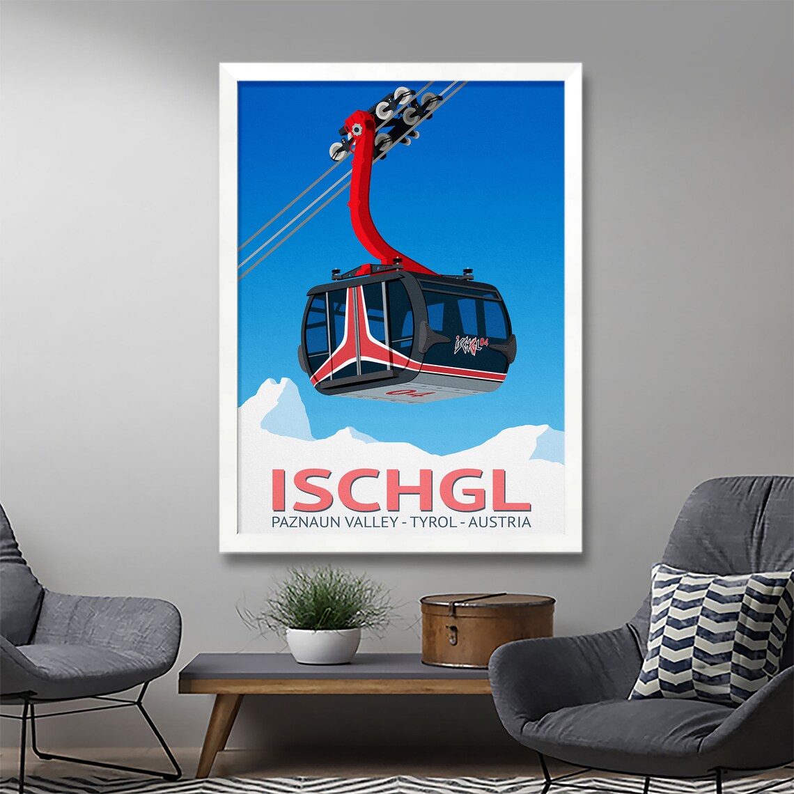 Ischgl Austria Black Red Gondola Cable Car Paznaun Valley Travel Poster - Image 2