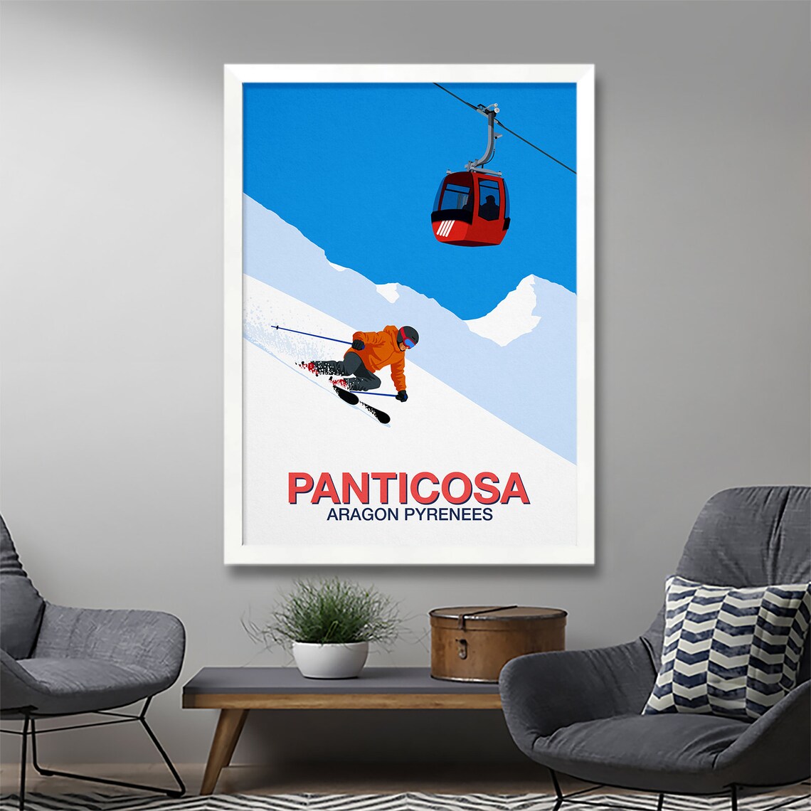 Panticosa Ski Resort Poster with Red Gondola and Carving Skier Pyrenees - Image 3