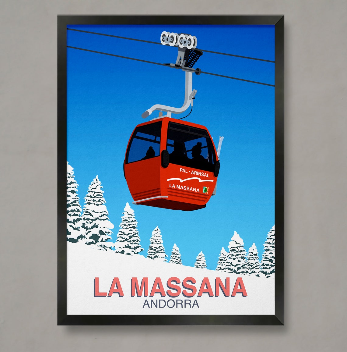 La Massana Andorra Red Gondola Pal Arinsal Cable Car Winter Ski Poster