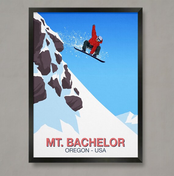 Mt Bachelor Snowboard Poster with Airborne Rider Oregon USA Peaks