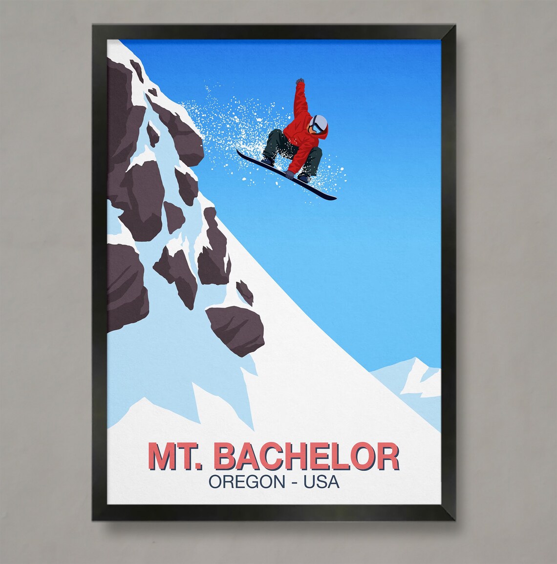 Mt Bachelor Snowboard Poster with Airborne Rider Oregon USA Peaks