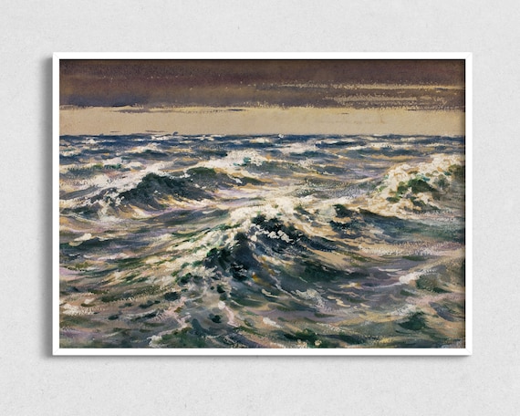 Sunlit Ocean Waves Watercolor Study Golden Foam Stormy Horizon Art Poster