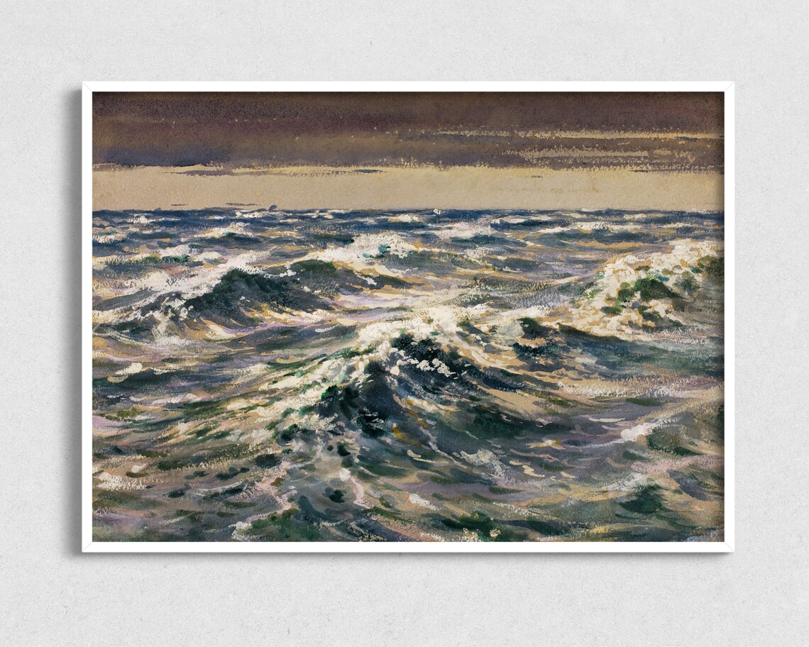 Sunlit Ocean Waves Watercolor Study Golden Foam Stormy Horizon Art Poster