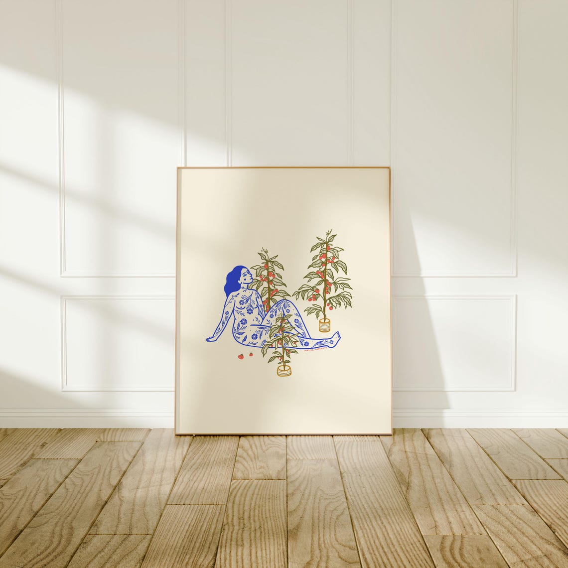Blue Illustrated Woman Reclining Among Tomato Plants Art Poster - Image 3