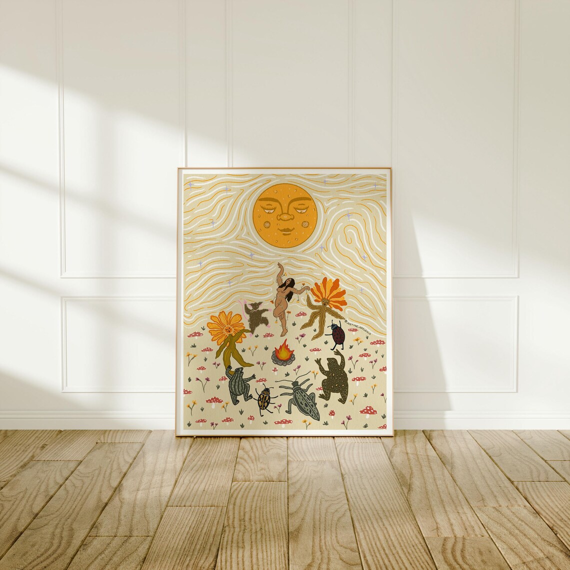 Ideal World Dancing Woman Sun Bugs Whimsical Folk Art Poster - Image 3
