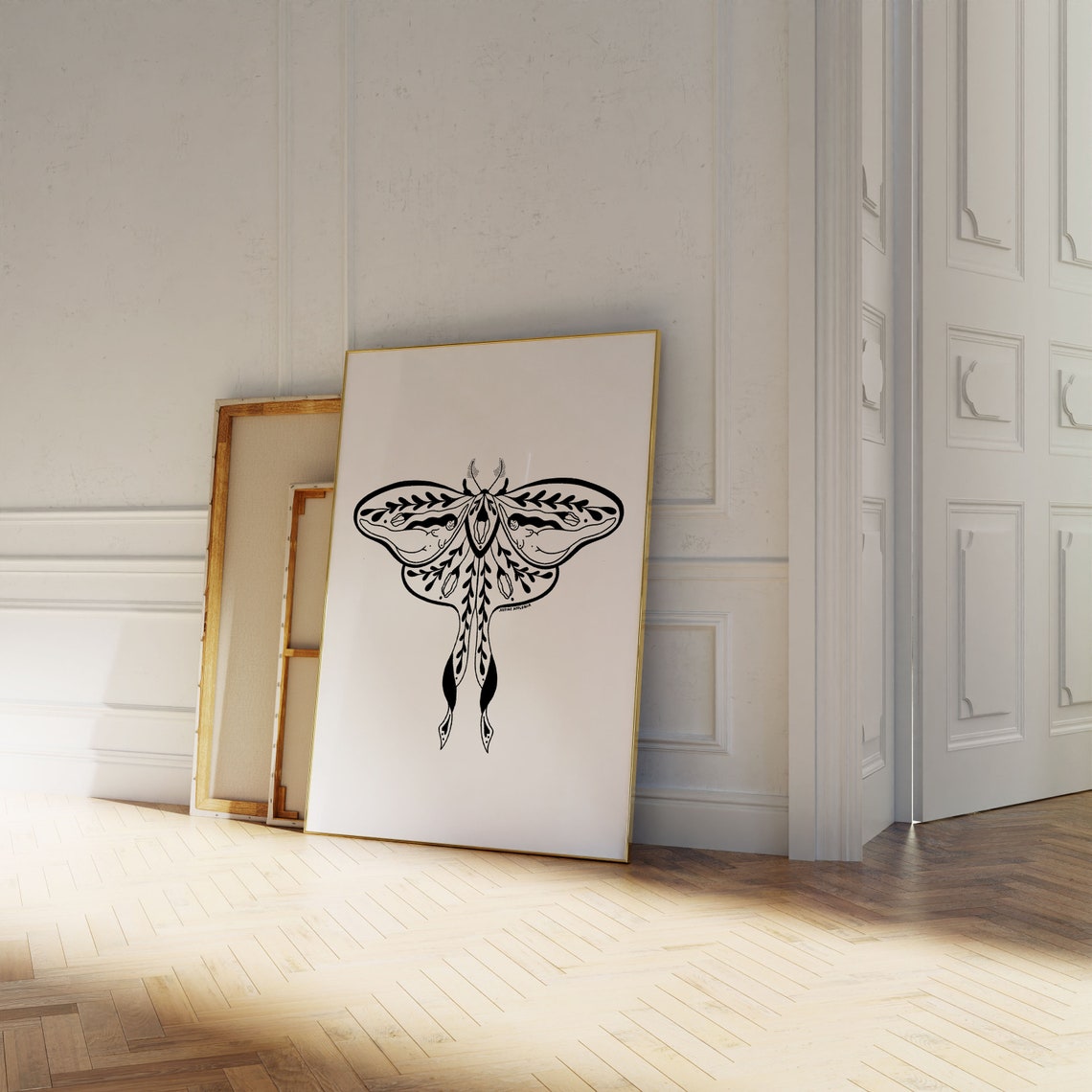 Black And White Luna Moth Botanical Line Art Feminine Wall Art - Image 4