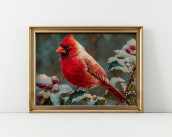 Bright Red Cardinal In Snowy Branches Winter Wall Art Rustic Nature Scene Vintage Bird Decor Christmas Painting Print 236