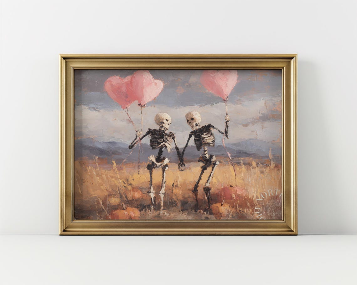 Dancing Skeleton Pair With Pink Heart Balloons Autumn Field Wall Art