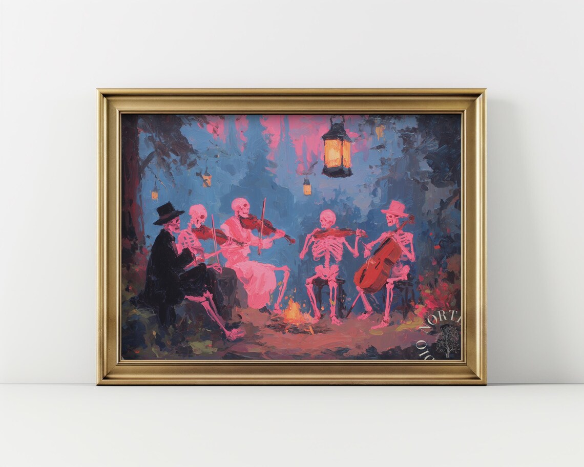 Skeleton Musicians Playing Violins Cello Campfire Night Halloween Art Print