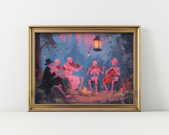 Vintage Skeleton Band Oil Painting Pastel Pink Musicians Halloween Wall Art Rustic Gothic Decor Spooky Scene 145