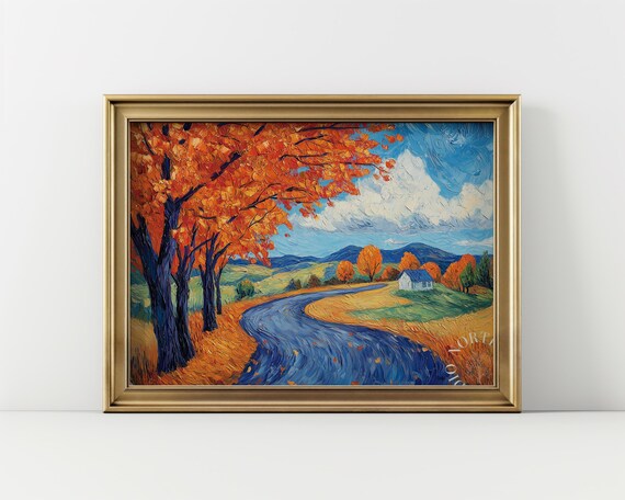 Autumn Country Road Landscape Rustic Fall Oil Painting Wall Art Cosy Countryside Decor Vibrant Colors 184
