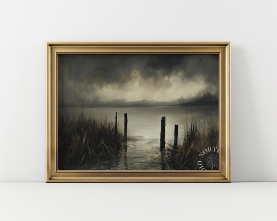 Moody River Landscape Dark Stormy Sky Reeds Broken Posts Oil Painting Poster