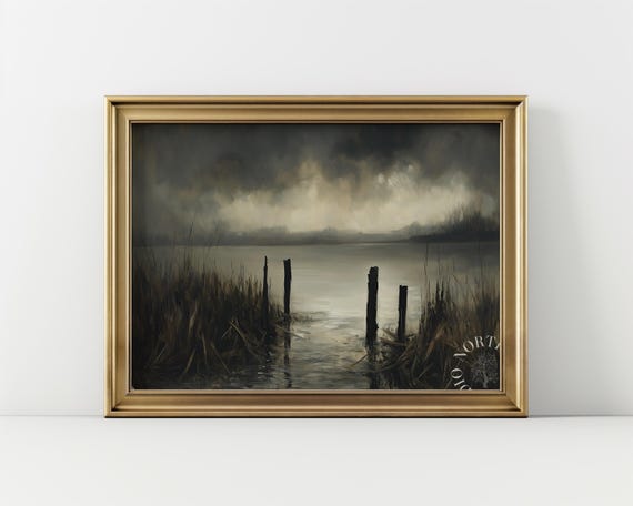Moody River Landscape Oil Painting Dark Sky Rustic Wall Art Broad Brush Strokes Atmospheric Nature Decor Print 23