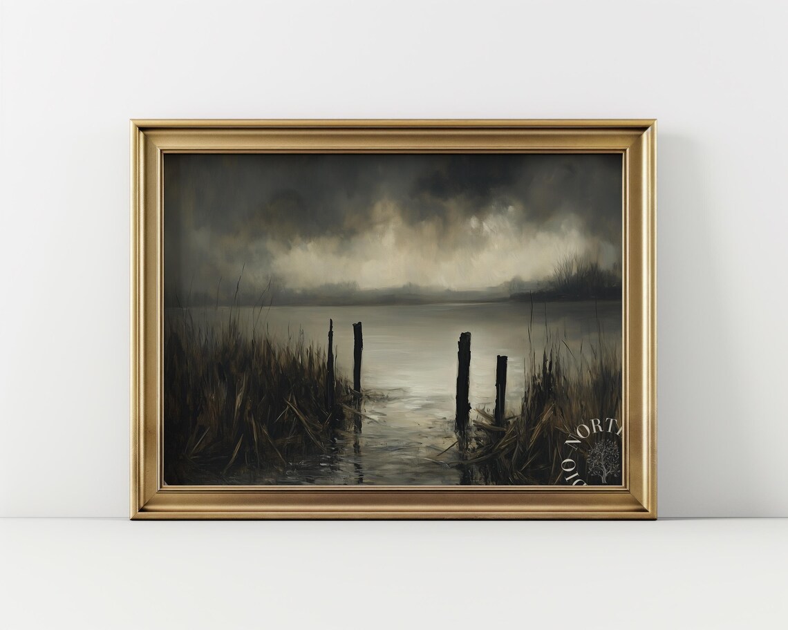 Moody River Landscape Dark Stormy Sky Reeds Broken Posts Oil Painting Poster