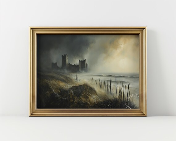 Moody Castle Ruins Vintage Landscape Rustic Oil Painting Dark Scene Atmospheric Wall Art Decor Broad Brush Strokes 36