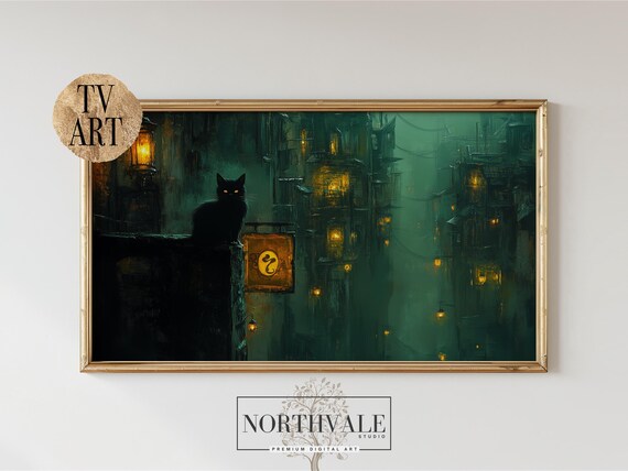 Moody Witchcraft Alley Tv Art Mysterious Cat And Lantern Frame For Halloween Decor Gothic Wall 55