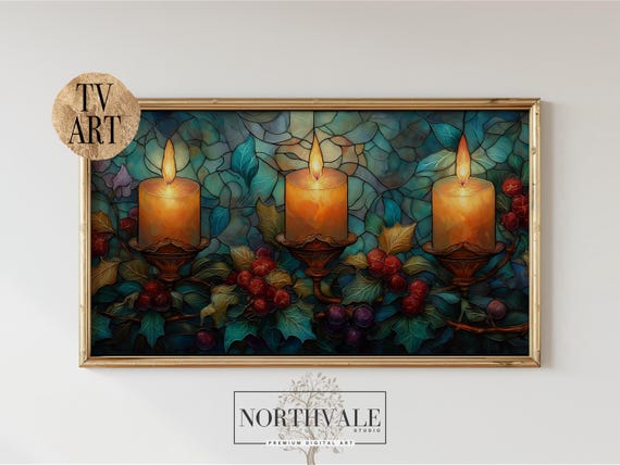 Festive Stained Glass Art Christmas Frame Tv Moody Candlelight Decor Vintage Cosy Holiday Wall Winter 195