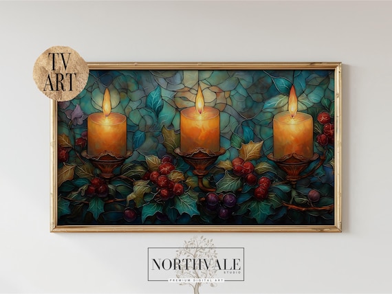 Stained Glass Candles Holly Berries Christmas Decor Art Poster