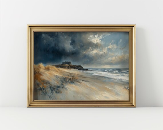 Coastal Windswept Beach Scene, Moody Sea Landscape Art Print