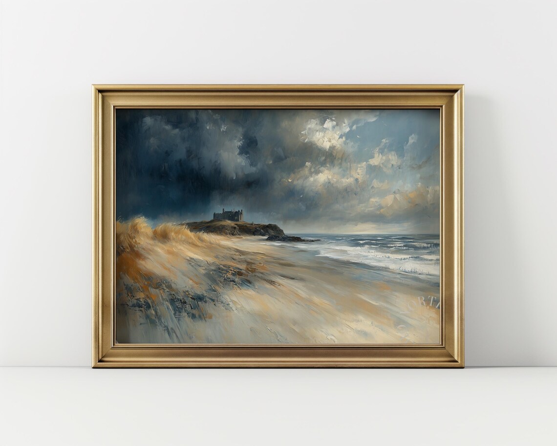 Coastal Windswept Beach Scene, Moody Sea Landscape Art Print