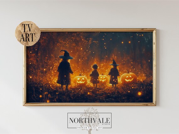 Halloween Frame Tv Art Wizards And Witches Spooky Night Scene With Pumpkins Autumn Decor Rustic Wall 94