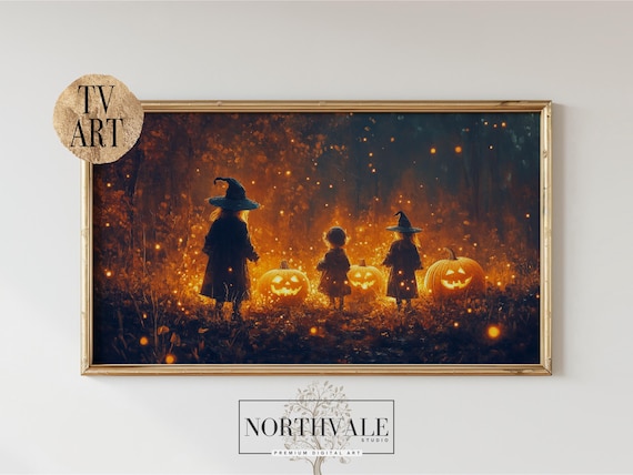 Three Witches and Jack O Lanterns Glowing Night Forest Poster
