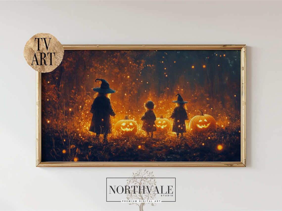 Halloween Frame Tv Art Wizards And Witches Spooky Night Scene With Pumpkins Autumn Decor Rustic Wall 94