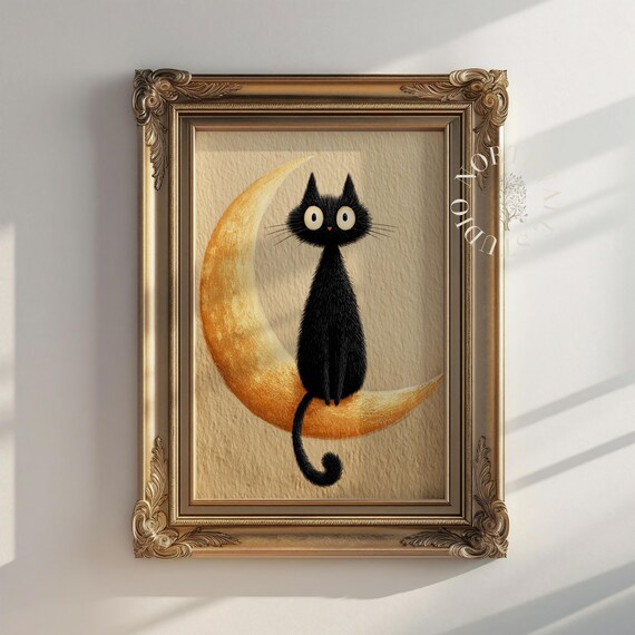 Black Cat Moon Print Vintage Halloween Wall Art