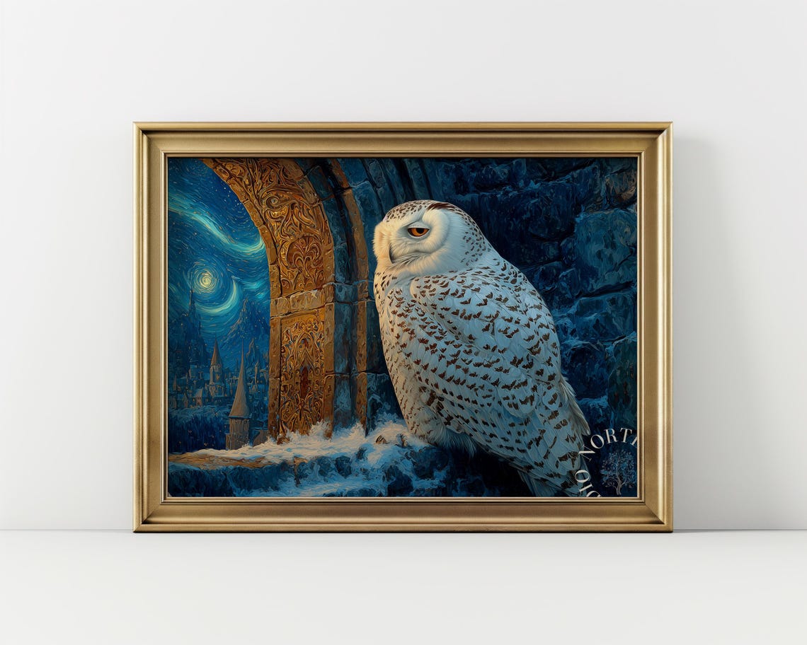 Snowy Owl In Moonlit Winter Night Scene Stone Arch Art Poster
