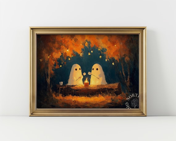Whimsical Chibi Ghosts Print Rustic Halloween Wall Art